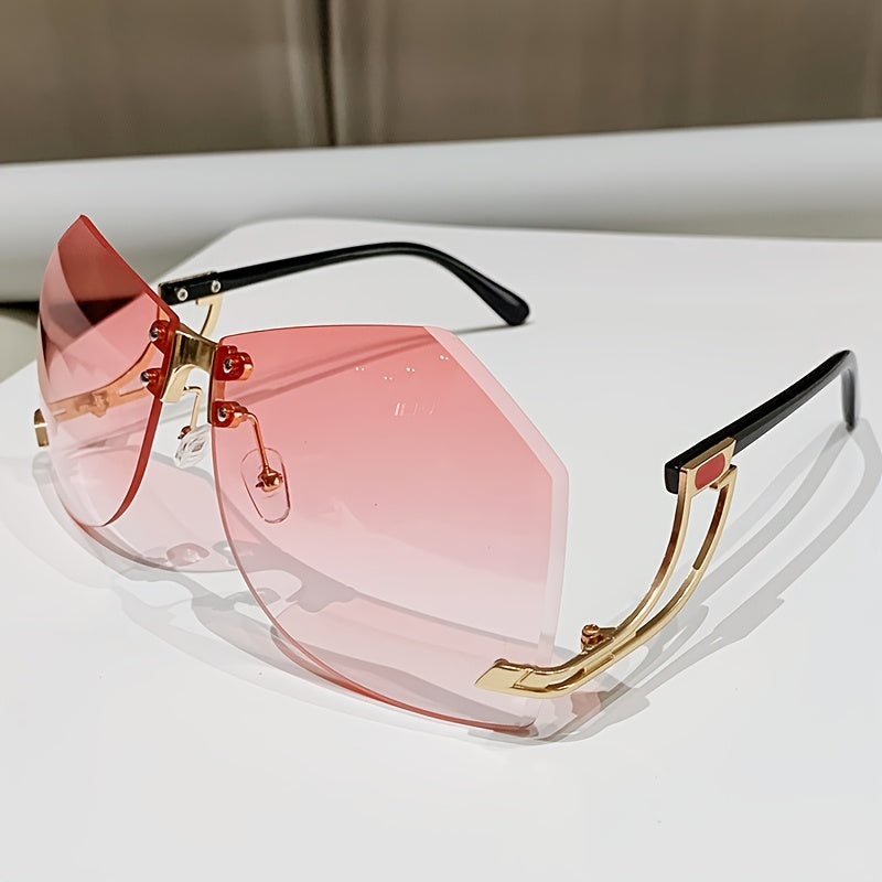 Women's Frameless Fashion Glasses with Hollow Temple & Irregular Ocean Film Lenses - Gradient Pink to Clear Fashion Eyewear, Lightweight Decorative Accessories for Casual Outings, Glasses Accessories, Stylish Car Rideouts, Ch